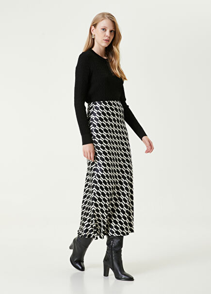 Black Patterned Midi Satin Flared Skirt