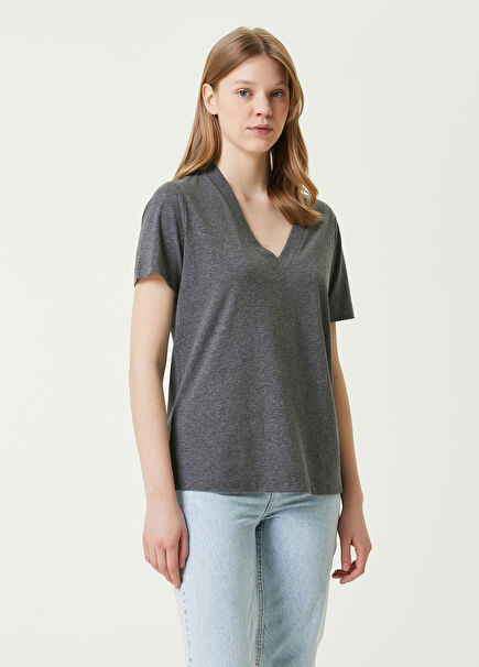 Charcoal Melange V-neck Basic T-shirt