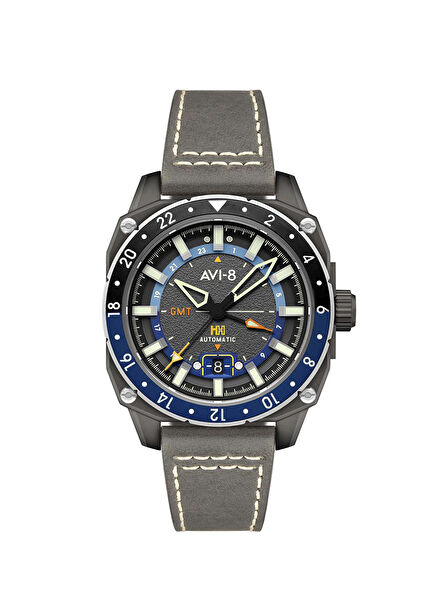 Hawker Hunter GMT AV-4122-04 Gri Deri Erkek Kol Saati