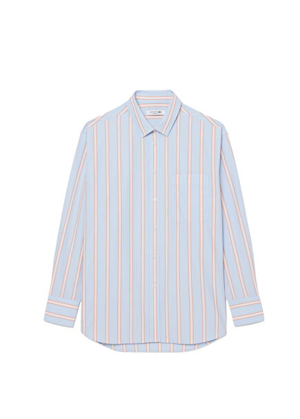 Mavi Oversize Fit Çizgili Uzun Kollu Kadın Gömlek