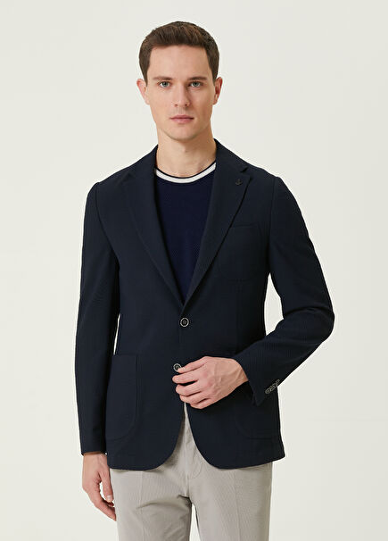 Navy Blue Diagonal Textured Knitted Jacket