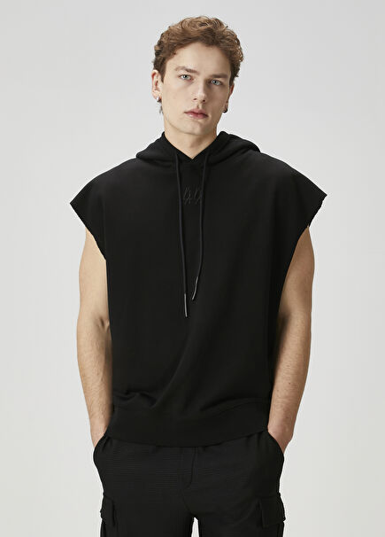 Black Hooded Logo Detailed Sleeveless Sweatshirt