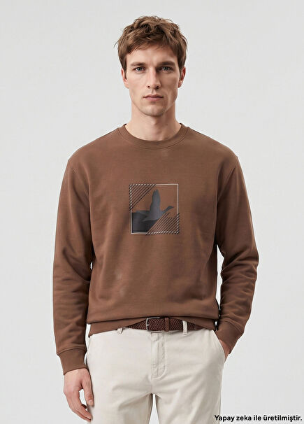 Taupe Goose Artwork Oversized Long Sleeve T-Shirt