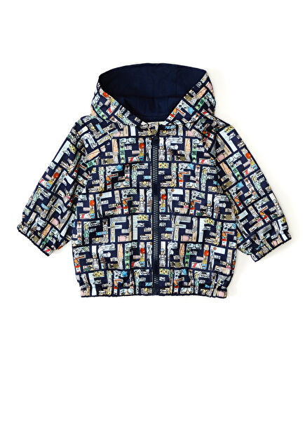 Navy Blue Mixed Logo Printed Baby Boy Jacket