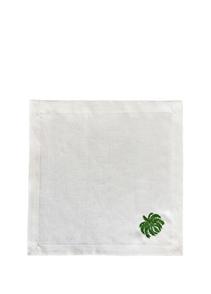White Green Palm Embroidered Linen Napkin Set