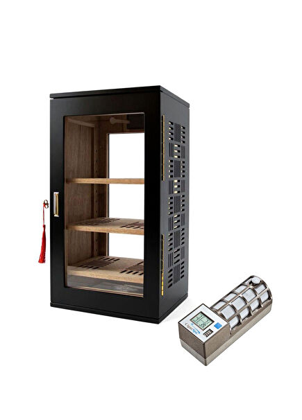 Cigarspa Humidor Gold Matte Black 3-Shelf Cigar Box with Electronic Humidifier