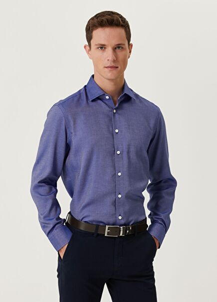 Comfort Fit Lacivert Armürlü Non-iron Gömlek