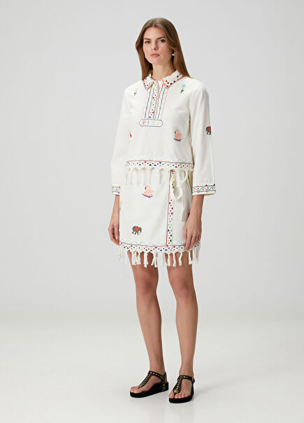 Baela Beyaz Nakışlı Mini Etek