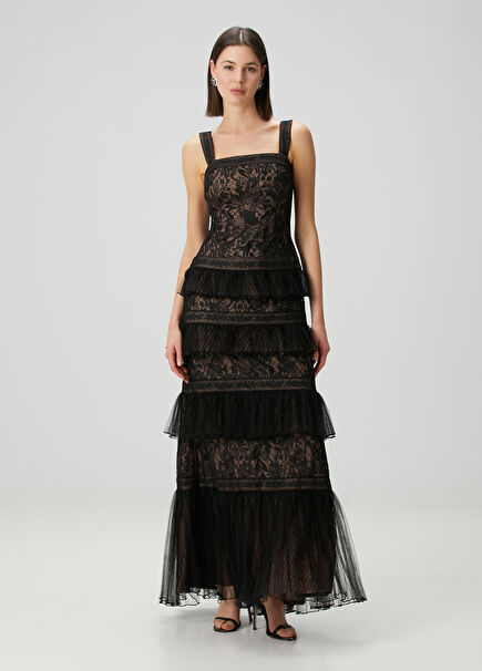 Ruva Black Embroidered Maxi Evening Dress