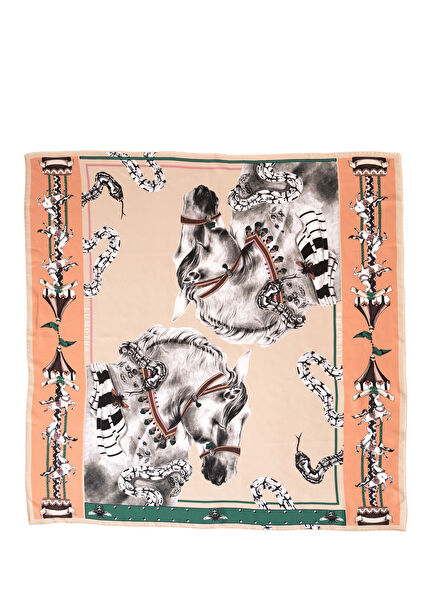Delusion Atlar ve Yılanlar Bej İpek Twill Kadın Eşarp 90 cm