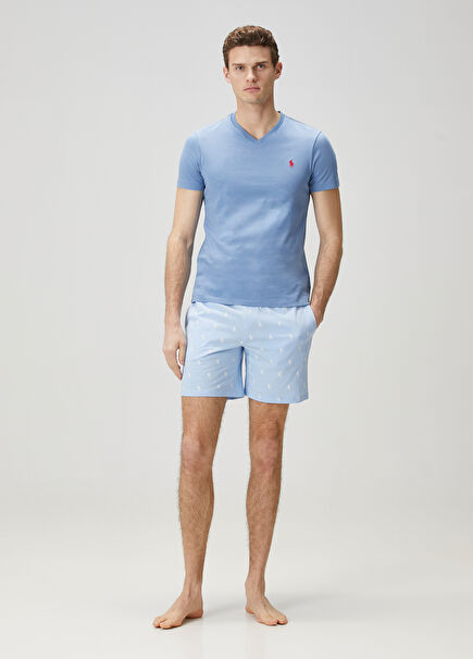 Light Blue Waist Corded Logo Pattern Pajama Bottom