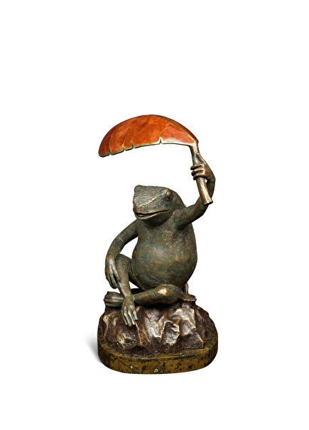 Bronze Metal Decorative Object with Cheerful Canopy Frog Figure