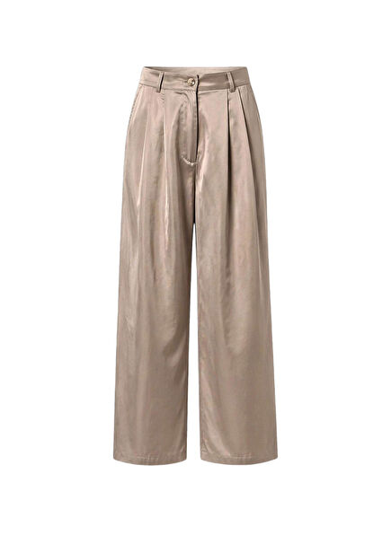 Taffeta Açık Haki Kumaş Görünümlü Pile Detaylı Geniş Paça Kadın Pantolon
