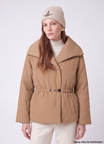 Dark Beige Striped Textured Fashion Coat