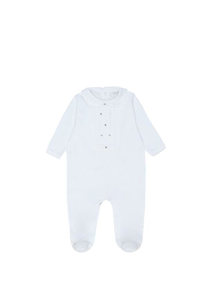 Beyaz Yıldız Nakışlı Nervürlü Erkek Bebek Tulum