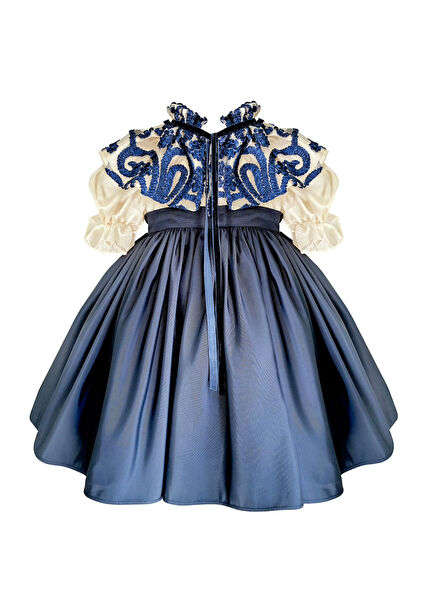 Navy Blue Lace Detailed Girl's Taffeta Dress