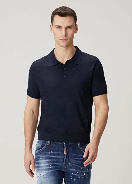Navy Blue Polo Short Sleeve Wool Sweater