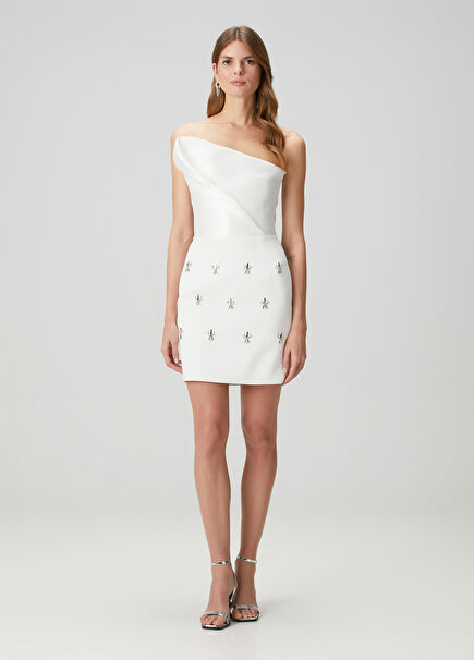 Off White Stone Embroidered Strapless Women's Mini Evening Dress