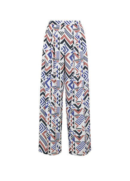 Ansan Beyaz Geometrik Desenli Pile Detaylı Kadın Pantolon