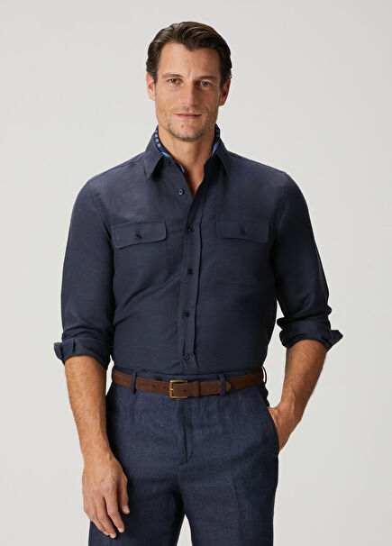 Navy Blue Silk Shirt