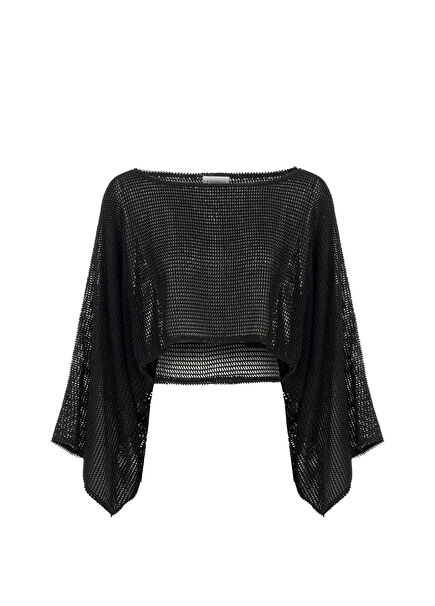 Carmen Black Fishnet Boat Neck Loose Fit Long Sleeve Women's Crop Blouse