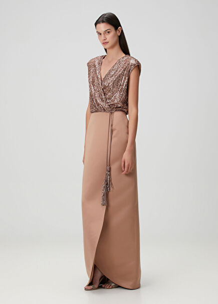 Bakır Payetli Maksi Abiye Elbise