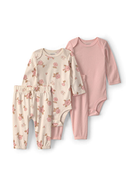 Pembe Desenli Uzun Kollu Body ve Pantolon Kız Bebek 4'lü Set