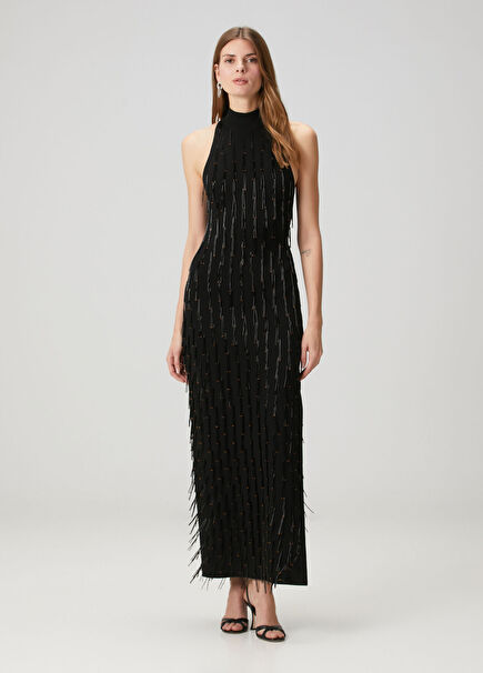 Bugle Black Maxi Evening Dress