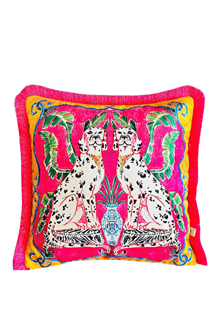 Dalmaçya Desenli Fuşya Kadife Dekoratif Kırlent Kılıfı 45 x 45 cm