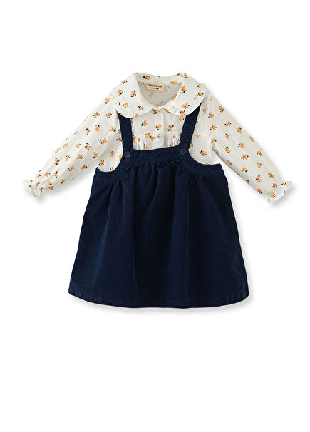 Lacivert Kadife Jile ve Desenli Salopet ve Gömlek Kız Çocuk 2'li Takım