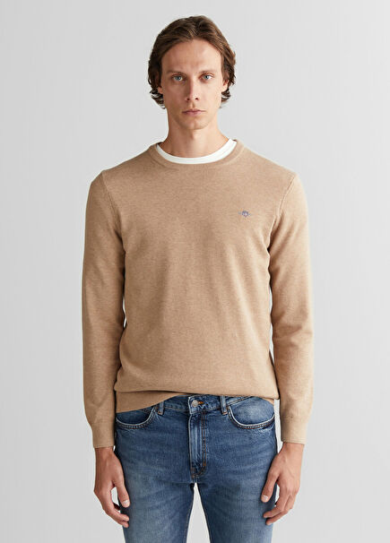 Bej Regular Fit Bisiklet Yaka Erkek Kazak