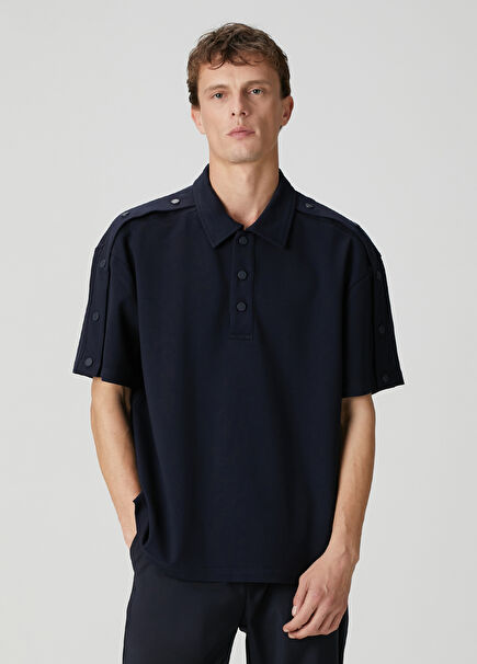 Lacivert Polo Yaka Çıtçıt Detaylı T-shirt