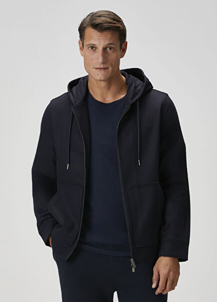 Lacivert Kapüşonlu Dokuma Yün Sweatshirt