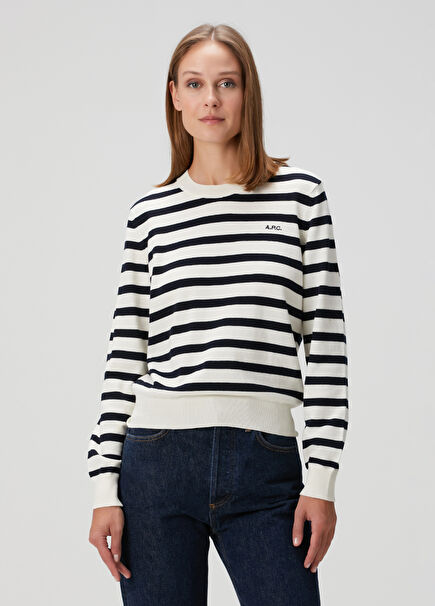 Lacivert Ekru Çizgili Triko