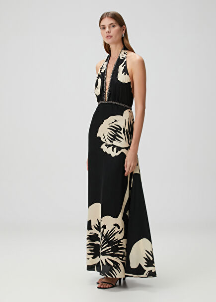 Ekru Siyah Çiçek Desenli Midi İpek Elbise