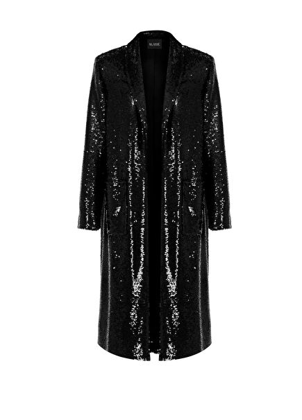 Black Premium Sequined Women's Trench Coat