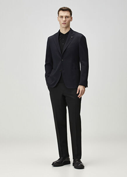 Navy Blue Plaid Patterned Wool Jacket