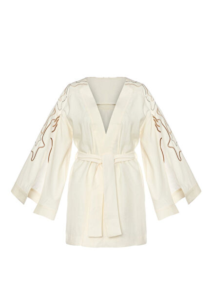 Woven Embroidered Stone Glitter Ecru White Cape Kimono