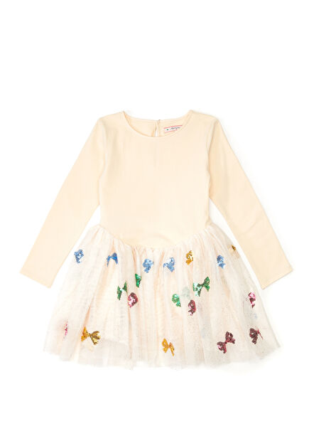 Cream Sequined Bow Embroidered Girl's Dress