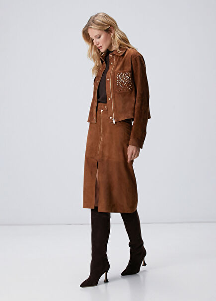 Tarçın Süet Deri Midi Etek