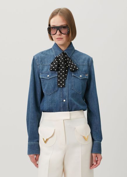 Mavi Siyah Puantiyeli Denim Gömlek