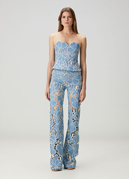Blue Denim Lace Evening Pants