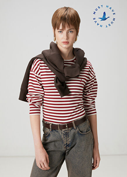 Bordo Beyaz Çizgili Basic Sweatshirt