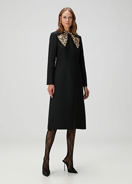 Black Collar Detailed Midi Wool Dress