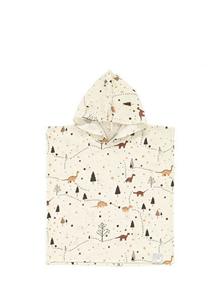 Dinodrift Cream Printed Cotton Muslin Baby and Kids Poncho Bathrobe