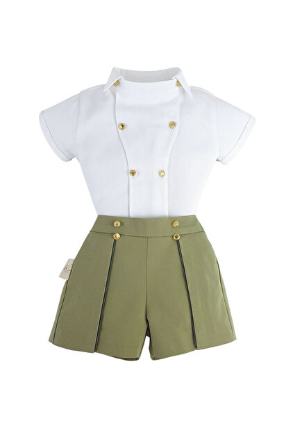 Green Dore Buttoned Shorts and White Elegant Shirt Baby Boy Set of 2