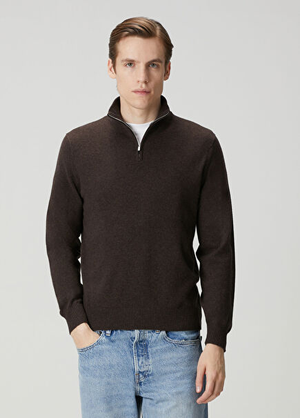 Brown Collar Zipper Cashmere Sweater