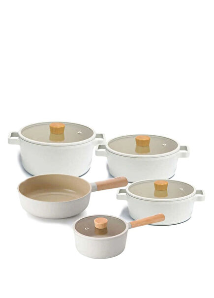 Fika Krem Alüminyum Döküm Cam Kapaklı 9 Parça Tencere ve Tava Seti