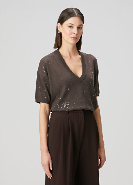 Brown Crystal Printed Sweater