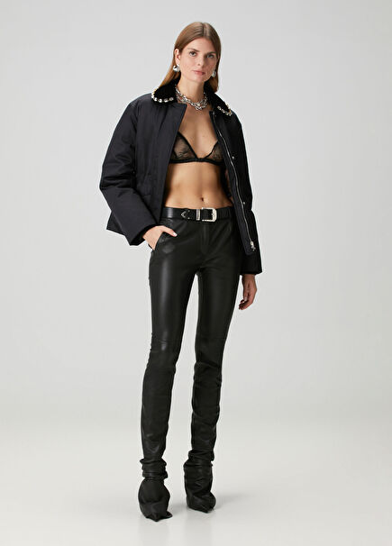 Slim Fit Siyah Deri Pantolon
